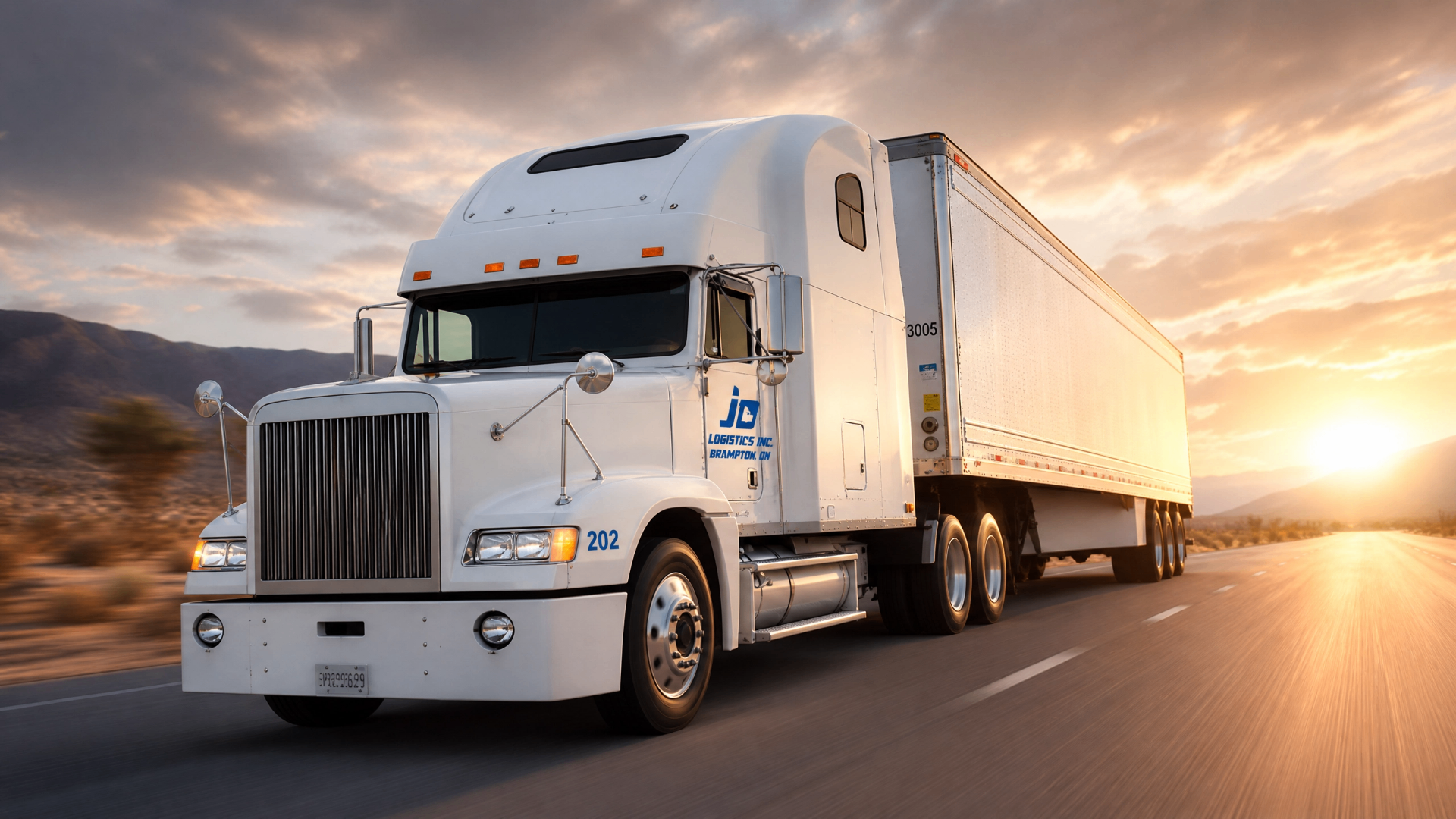 JD Logistic semi-truck on highway at sunset